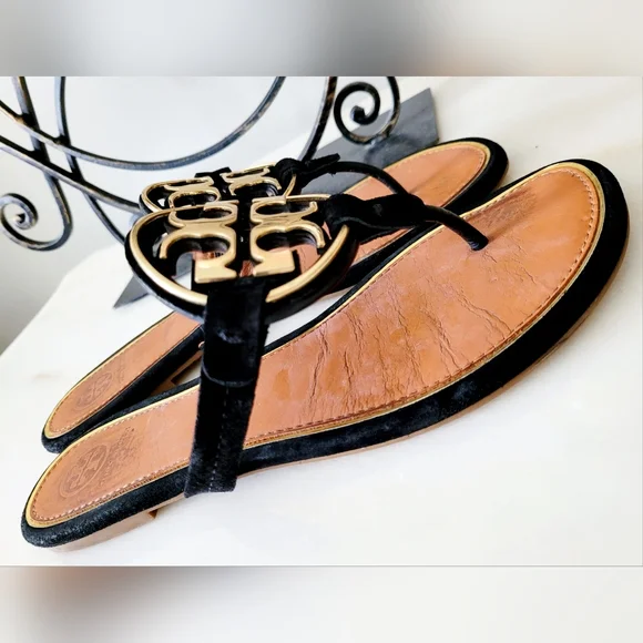 Tory Burch Miller Leather Thong Sandals Metal/Gold Logo Black/Tan US 8 - Picture 8 of 16